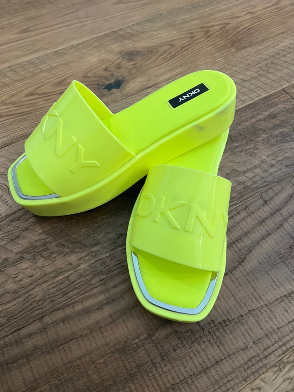 DKNY Neon Lime Platform Slide Sandals